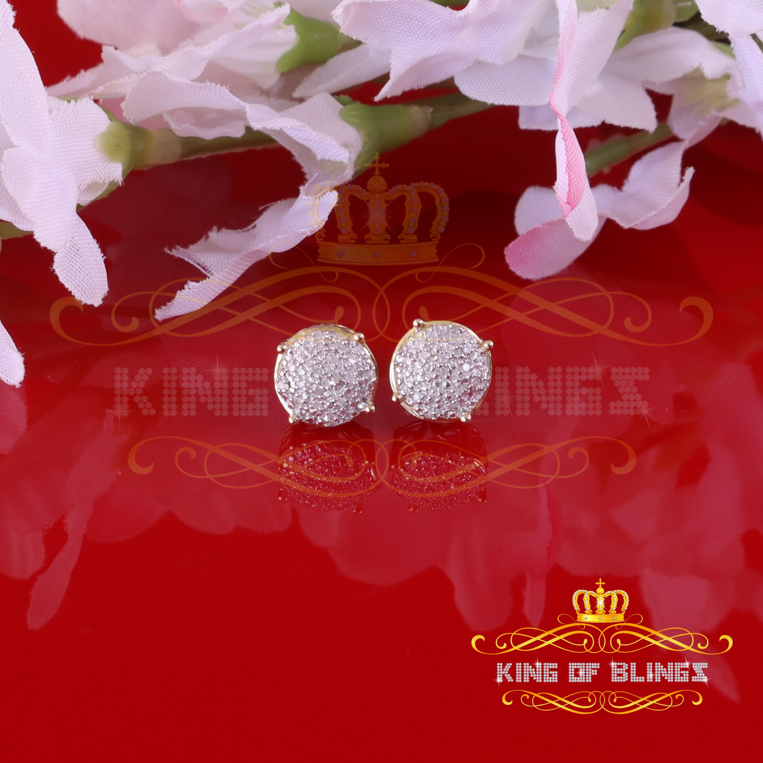 King of Bling's 0.10ct Diamond 925 Sterling Yellow Silver for Men's & Womens Stud Round Earrings