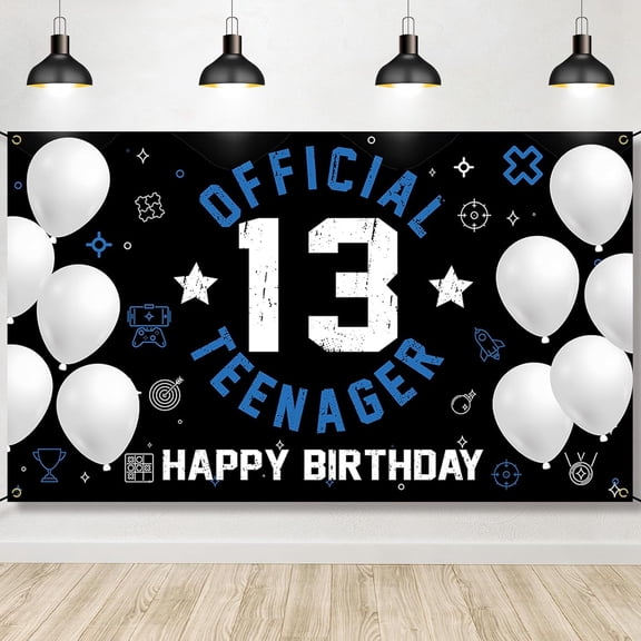 Happy 13th Birthday Decoration for Boys Girls, Fabric Official Teenager Backdrop Banner Blue White, 13 Year Old Birthday Party Yard Sign Photo Props Decor Supplies