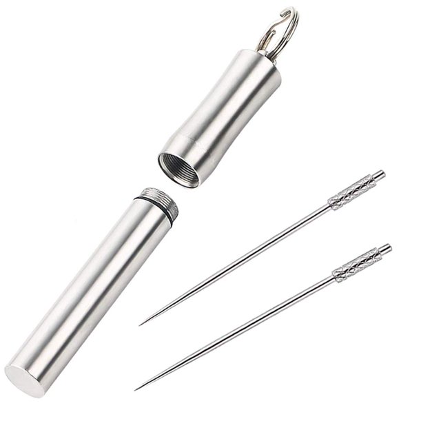 Soporte para palillos de dientes con 2 palillos de dientes de titanio, dispensador y contenedor portátil de palillos de dientes de acero inoxidable para exteriores WD.WDQZL Hogar