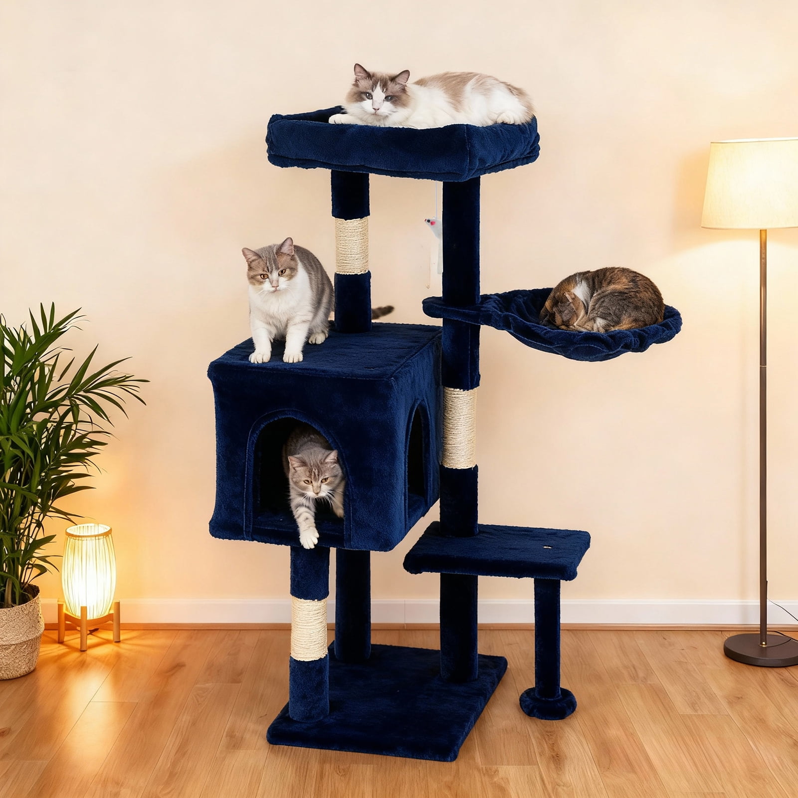 CL.HPAHKL Cat Tree, 36 inch Small Cat Tower with Scratching Post & Funny Toy for Indoor Cats, Cat Condo Furniture Activity Center for Kittens, Navy Blue