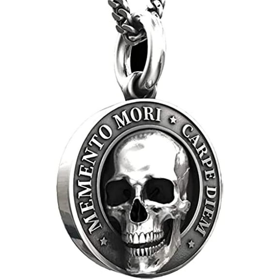 Carpe Diem Memento Mori Skull Pendant, Festive Realistic 3D Effect Silver Skull Head Necklace, Halloween Accessories for Men's Festive Decor