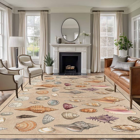 Large Area Rugs for Living Room Bedroom, Retro Ocean 6'x9' Rug Washable Carpet Runner Indoor Outdoor, Brown Coastal Shells Conch Underwater Non Slip Floor Mats Rug for Kitchen, Playroom