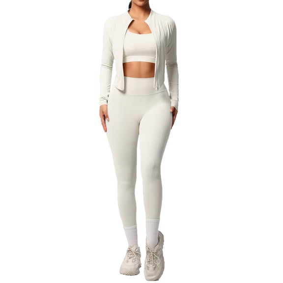 GJSYRH Women's 3-Piece Workout Set, Long Sleeve Crop Top, Sports Bra and High Waist Leggings, Fitness Suit