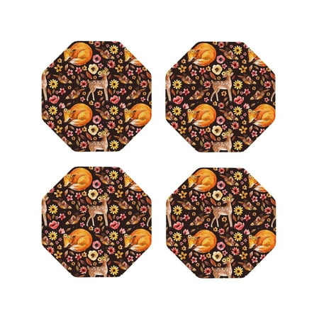 

Junzan Woodland Creatures Floral Print Coasters for Drinks - Leather Coasters Set of 4 for Coffee Table for Housewarming/Kitchen/Bar/Decor-Octagon