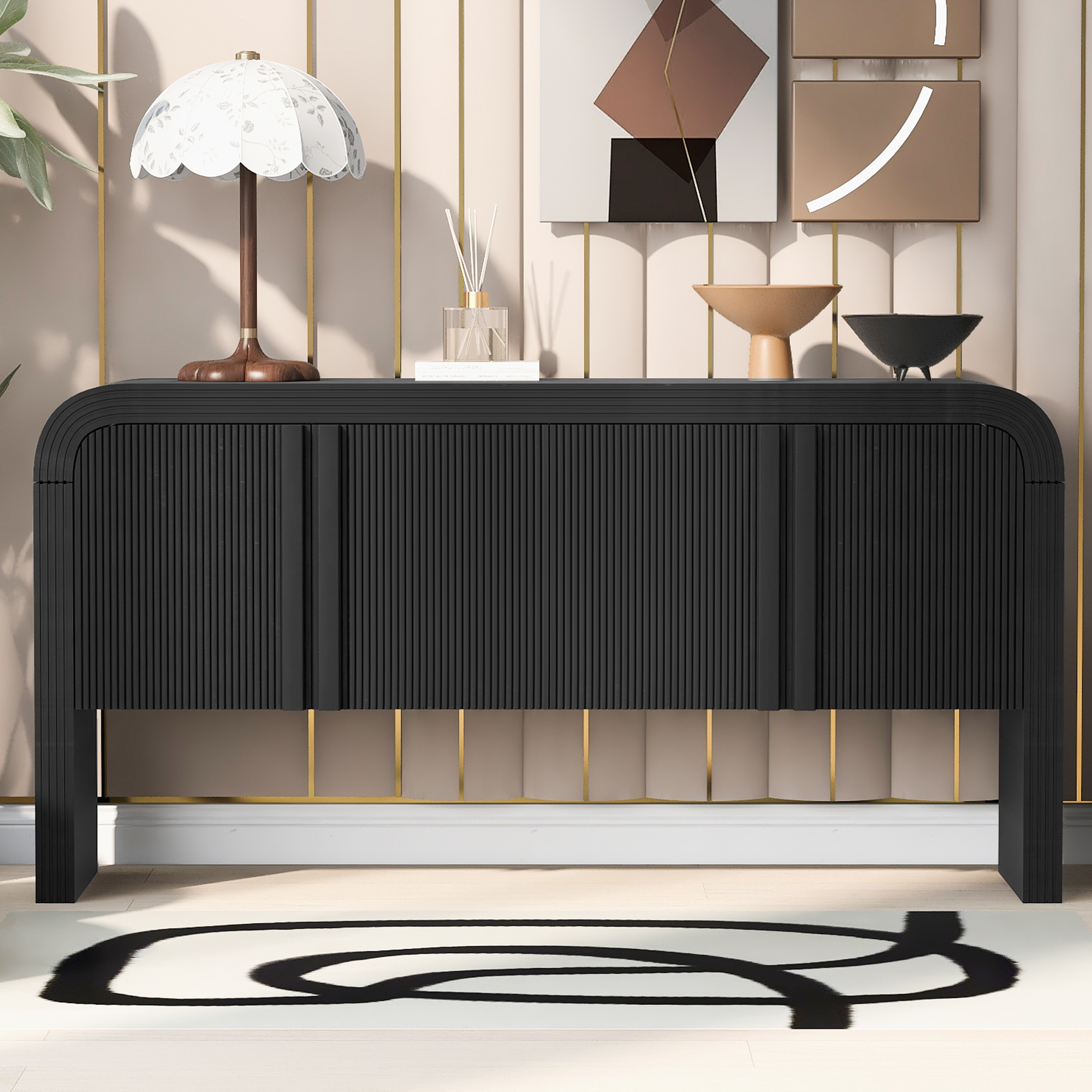EUROCO 63" Sideboard Buffet Cabinet with Storage,Large Kitchen Storage Cabinet with 4 Doors and Adjustable Shelves,Wood Coffee Bar Cabinet Buffet Table Console Cabinet for Kitchen Dining Room,Black