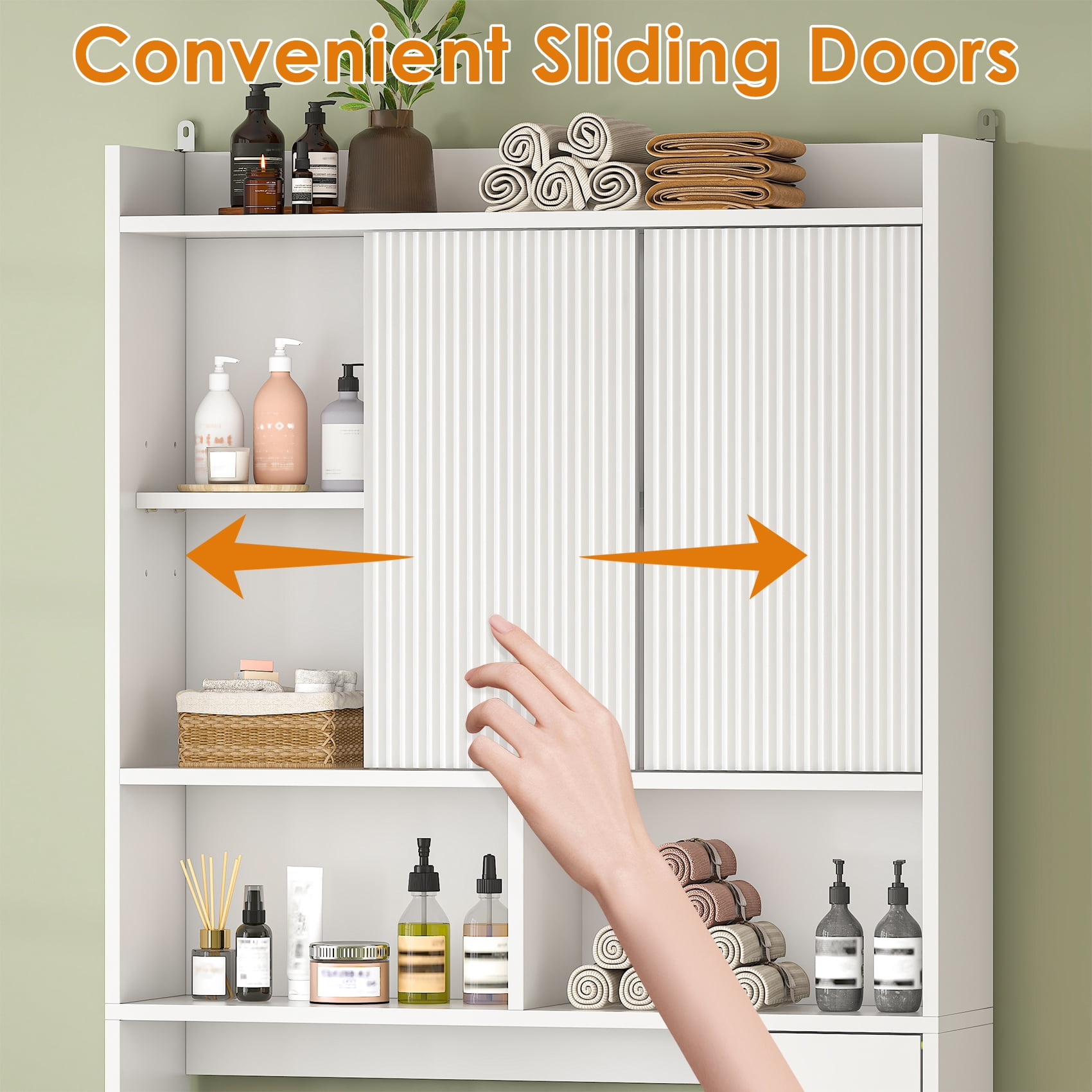 Over The Toilet Storage Cabinet with 2 Sliding Doors & Toilet Paper Holder, Freestanding Adjustable Organizer for Bathroom & Laundry,White
