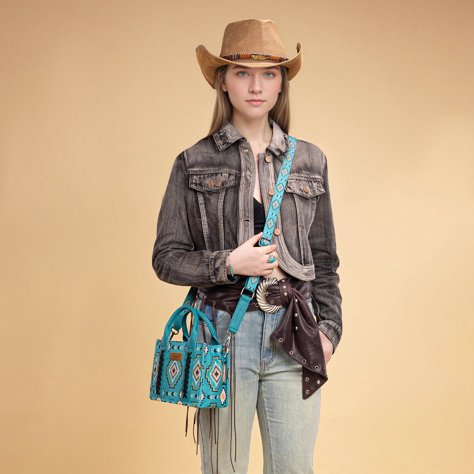 Wrangler Mini Aztec Tote Bag for Women Boho Small Top Handle Purse with Adjustable Strap, Turquoise