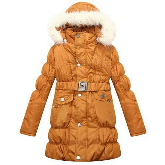 Richie House Girls Yellow Fur Hood Belt Padded Winter Jacket 14