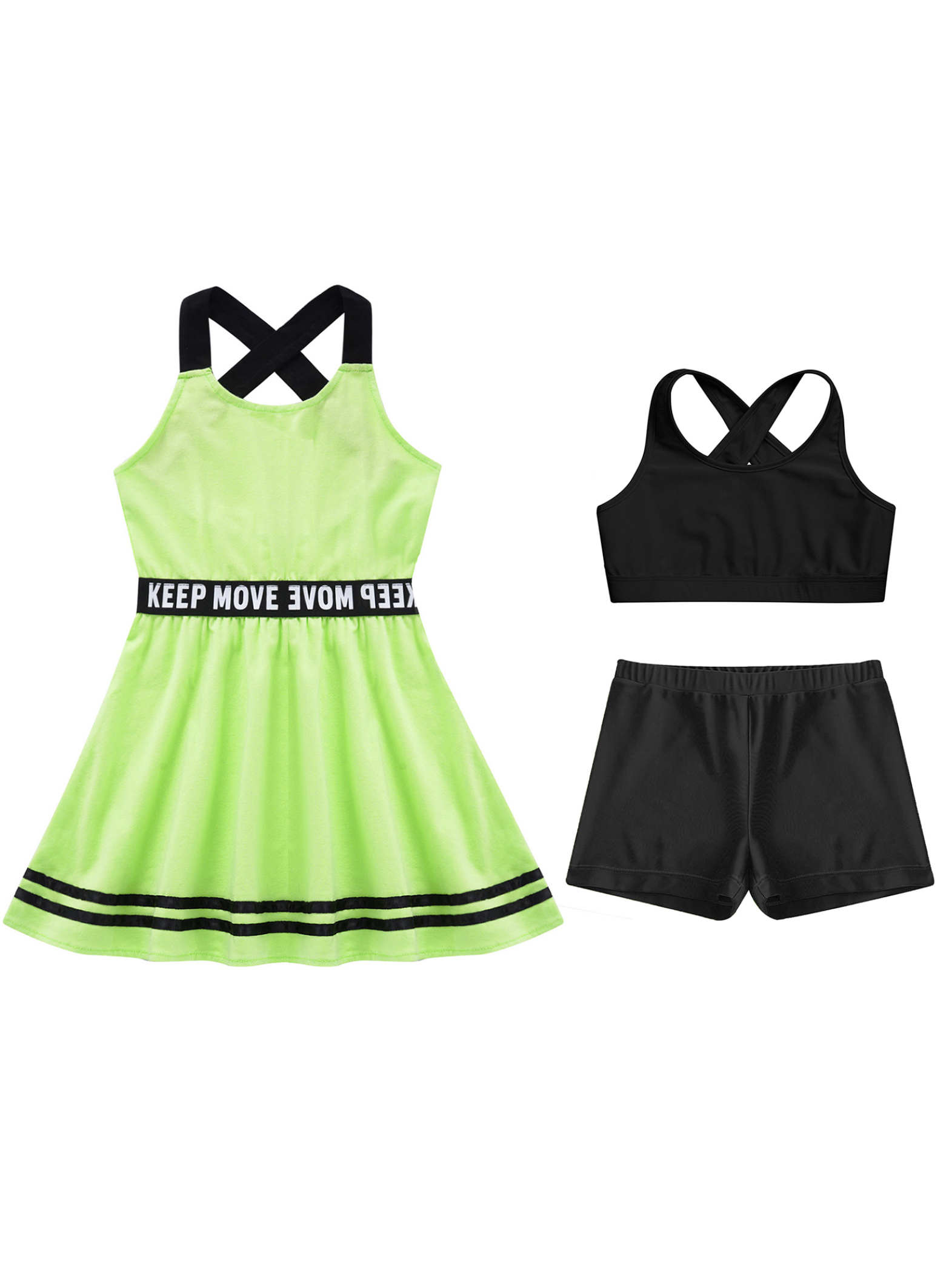 Miutii 3Pcs Kids Sports Tenins Outfits Girl Athletic A-line Dress with Racerback Bras Vest and Shorts Fluorescent Green 12