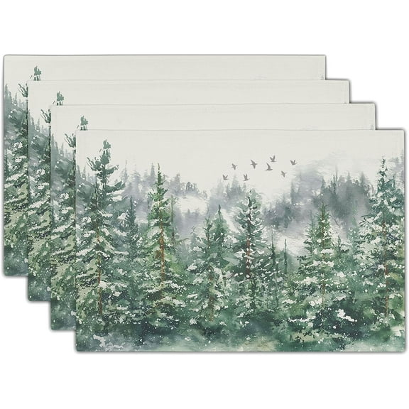 Green Watercolor Tree Christmas Placemats Set of 4 Seasonal Winter Theme Place Mats 12x18 Inch Xmas Holiday Washable Table Mats for Home Party Kitchen Dining