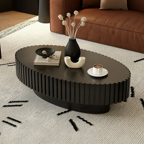 Miekor Furniture Oval Coffee Table Handcrafted Relief Sturdy Pedestal Wooden Olive-Shaped Tea Table for Living Room 13277
