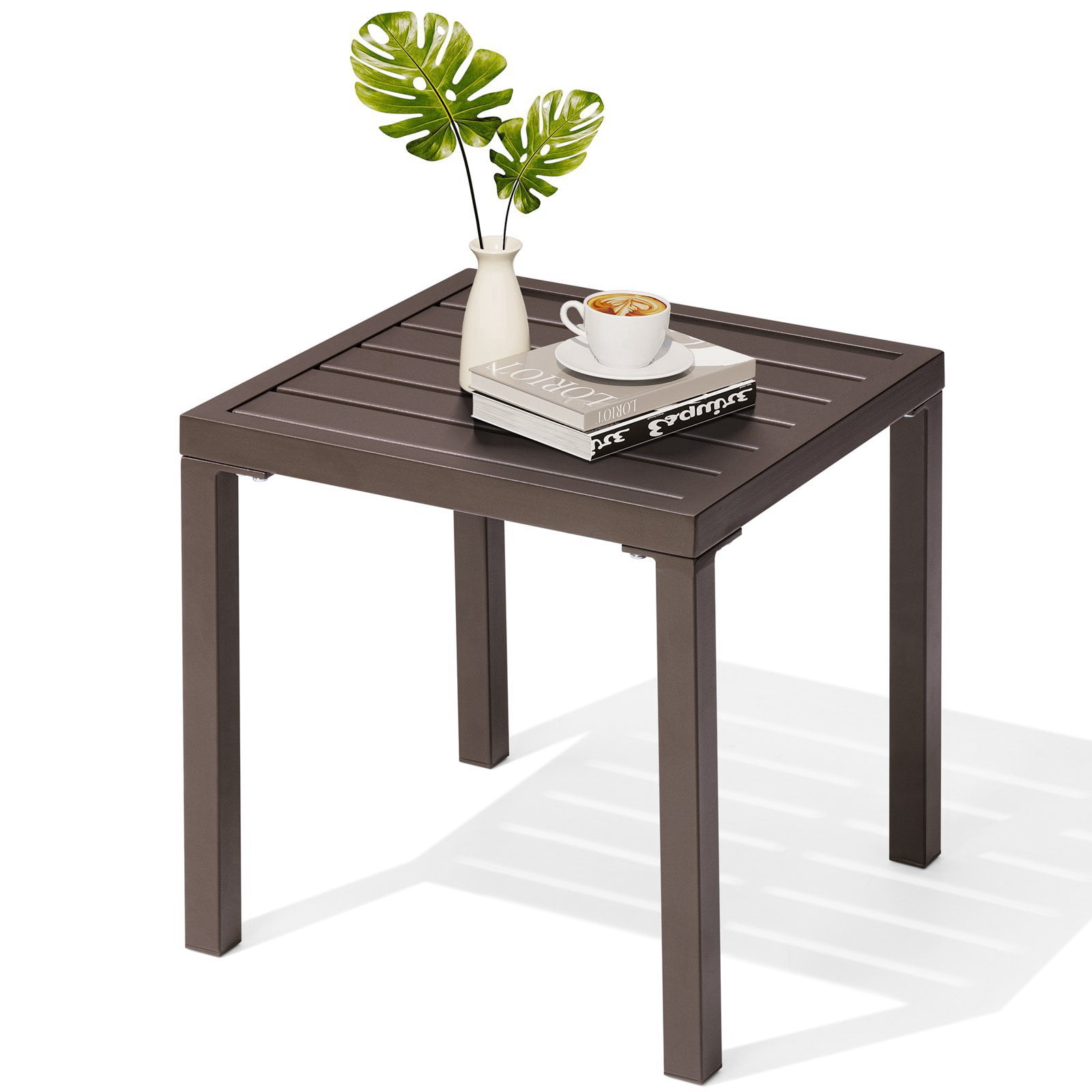 Pellebant 16" Outdoor Side Table, All-Weather Square Metal Patio End Table for Garden, Porch, Deck, Backyard, Brown