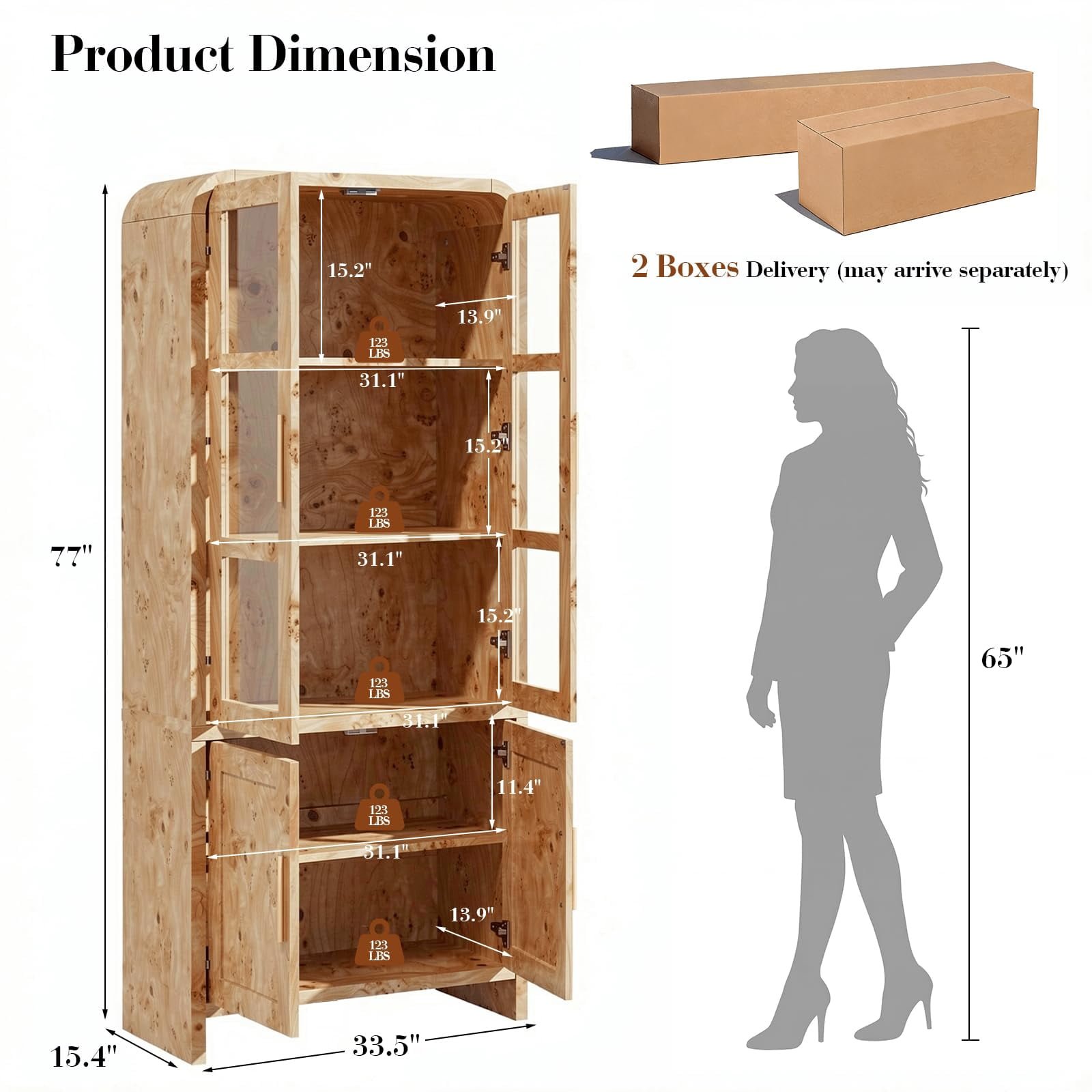 Vintagearth  77" Tall Kitchen Pantry Cabinet, 1.18'' Thick Panel Curved Storage Cupboard with Adjustable Shelf, Freestanding Organizer for Kitchen, Dining Room, Light Burl