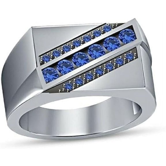 beryl_creation 2.40 Ct Round Cut Blue Sapphire Wedding Engagement Men's Band Pinky Ring 14K White Gold Plated 925 Sterling Silver -9.5