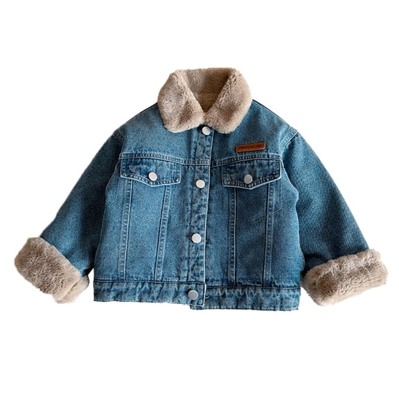 MXIEZI 2-10T Kids Toddler Girls Boys Denim Jacket Outerwear Faux Fur Thicken Fleece Lined Jean Coat Plush Winter Outwear Snowsuit