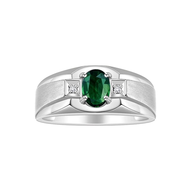 RYLOS Men's Rings Sterling Silver Classic 7X5MM Oval Gemstone & Diamond Ring Green Sapphire September Birthstone Rings For Men, Silver Rings, Size 10
