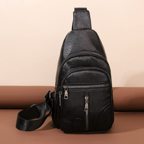 Laibmfc Leather Sling Bag Purse For Women Chest Crossbody Shoulder Bags Travel Daypack For Men And Women Brown Big Black