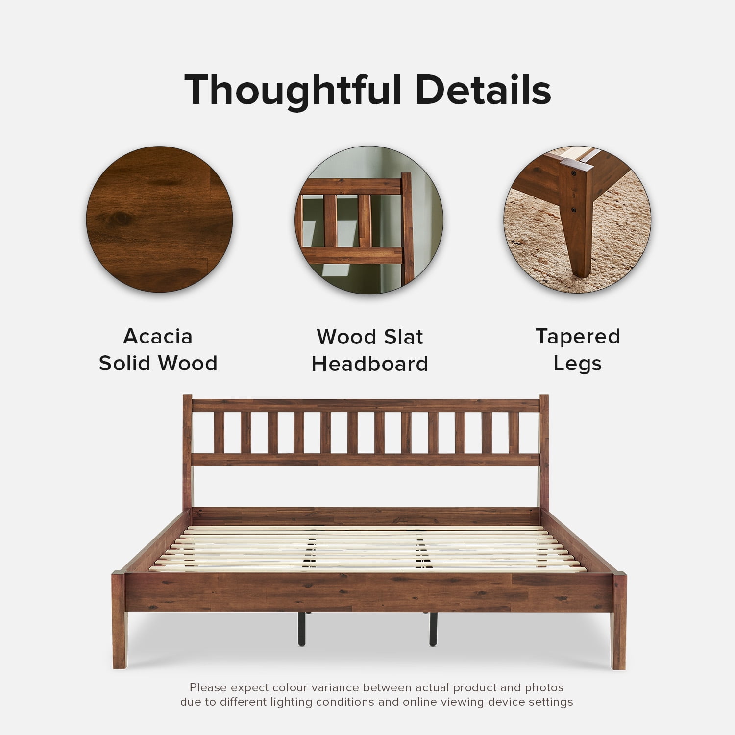 Mopio Ted King Bed Frame with Headboard, Full Size Bed Frame, Mid Century Modern Acacia Solid Wood Platform Bed Frame, Wooden Bed Slats, No Box Spring Needed, Double Metal Bar Support, Walnut