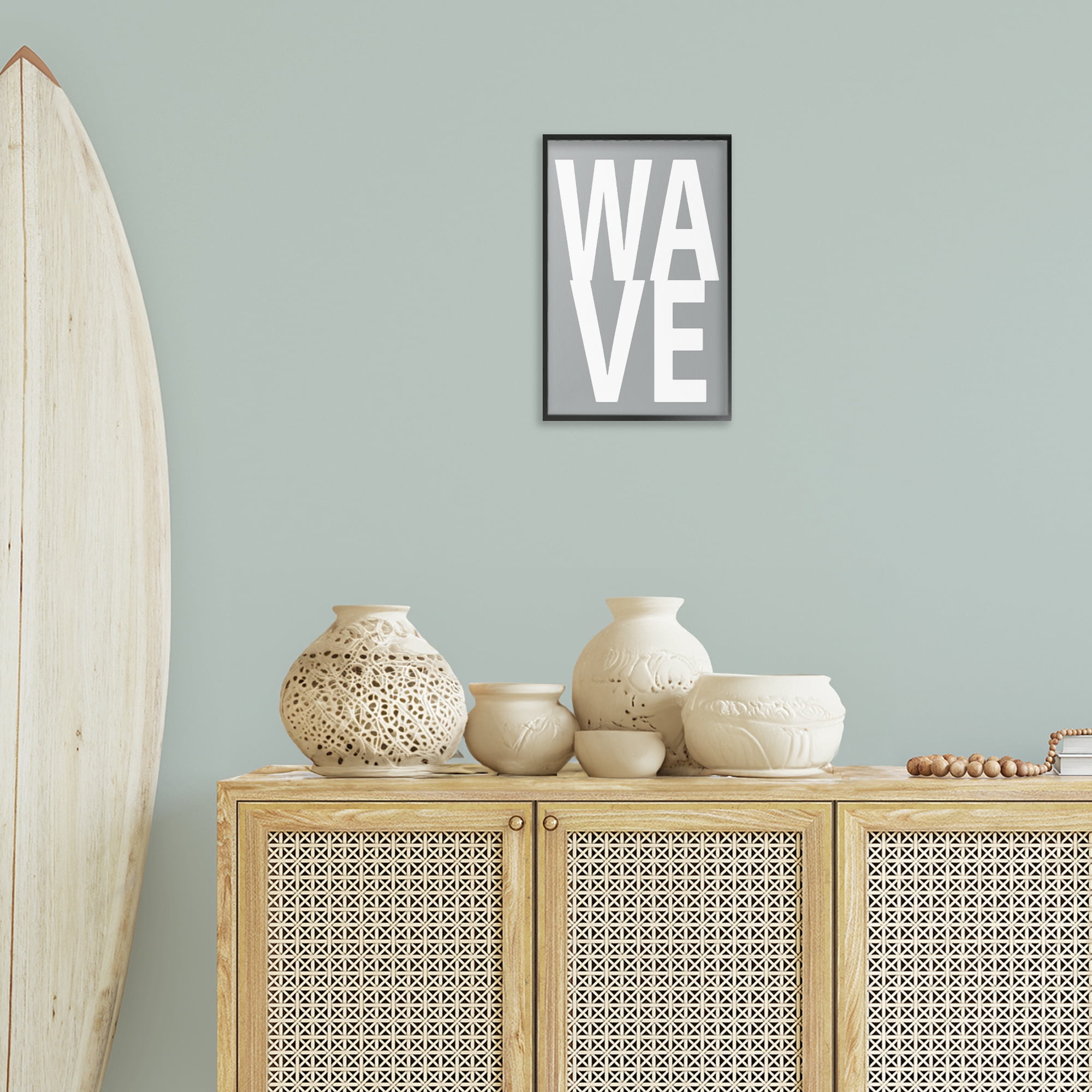 Stupell Industries Wave Word on Grey Typography Painting Black Framed Art Print Wall Art, 12 x 18