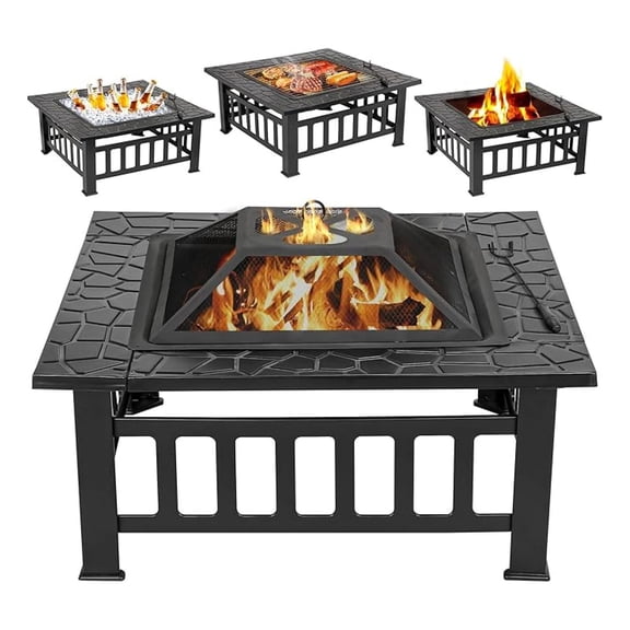 AIZYT 3-in-1 Square Fire Pit Table | Wood-Burning Fireplace |Square Metal Stove | BBQ Grill for Patio, Garden & Camping Heating, Bonfire & Picnic