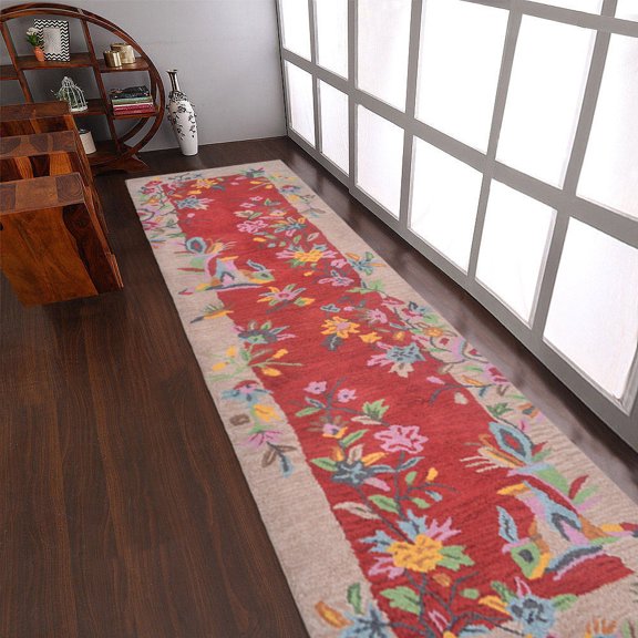 Rugsotic Carpets Hand Tufted Wool Eco-Friendly 2'6''x10' Area Rugs Runner Red Camel Floral Modern High Pile Thick Handmade Anti Skid Indoor Rug for Living Room, Bedroom K00685