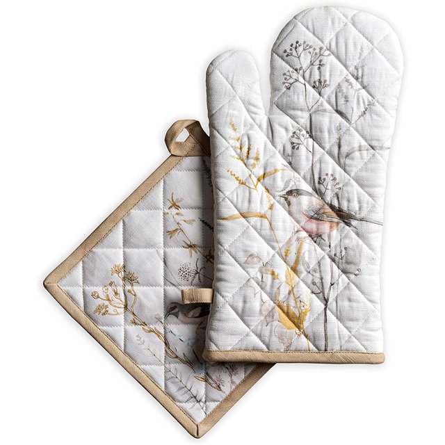 Meadow Florals - Beige 100% Cotton Set of Oven Mitt (7.5 Inch by 13 Inch) and Pot Holder (8 Inch by 8 Inch) for BBQ | Cooking | Baking | Grilling | Microwave | Spring/Summer