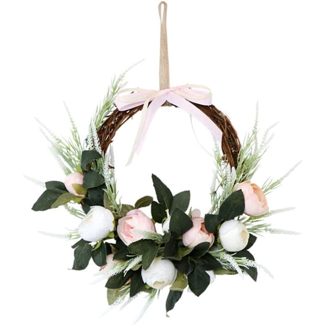 Guirnalda de flores artificiales, corona de peonía floreciente, corona de primavera con hojas verdes para la puerta delantera, decoración del porche del hogar, decoración de fiesta Adepaton CJWUS-3971