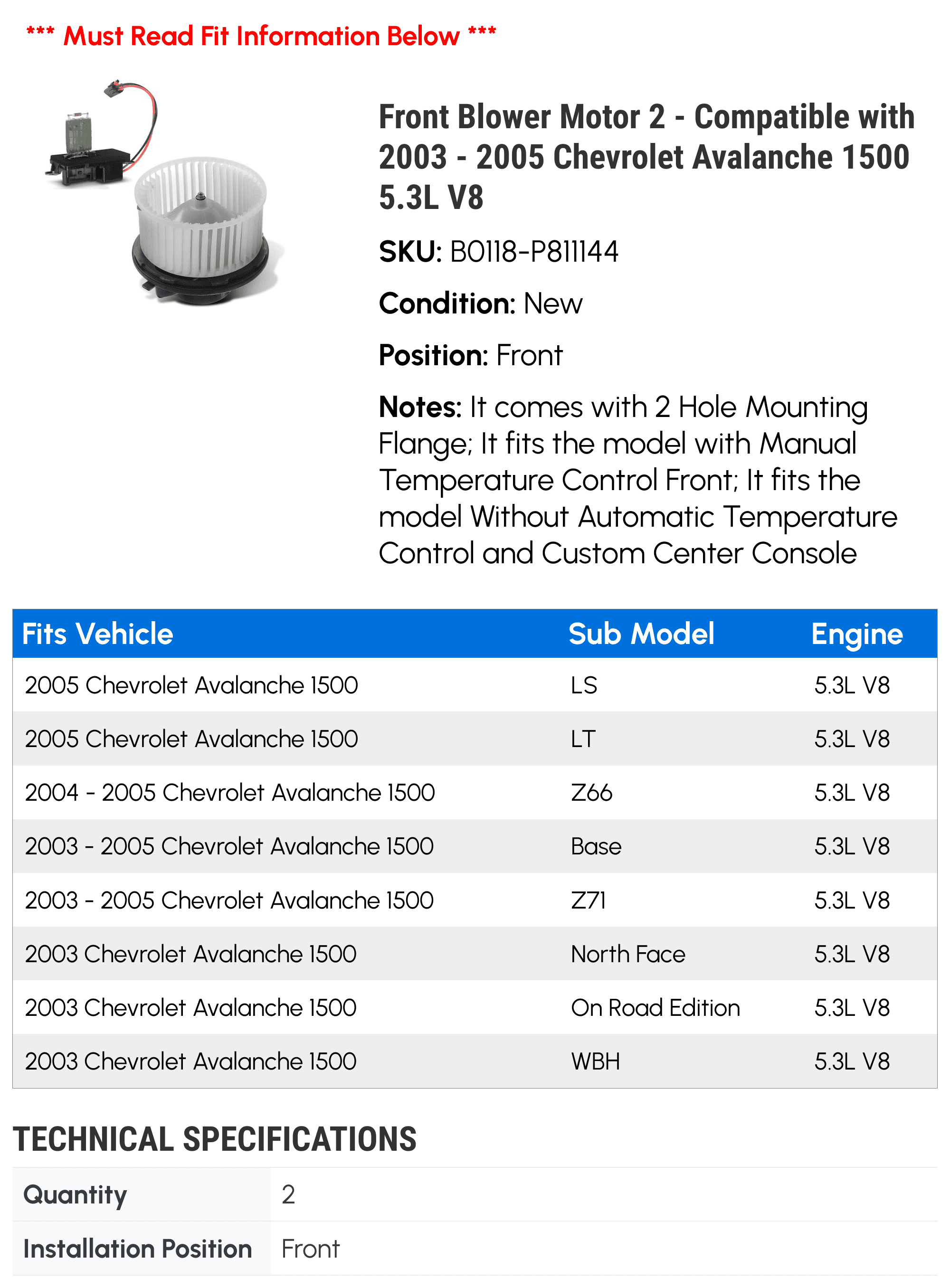 Front Blower Motor 2 - Compatible with 2003 - 2005 Chevrolet Avalanche 1500 5.3L V8 - Autopart Premium