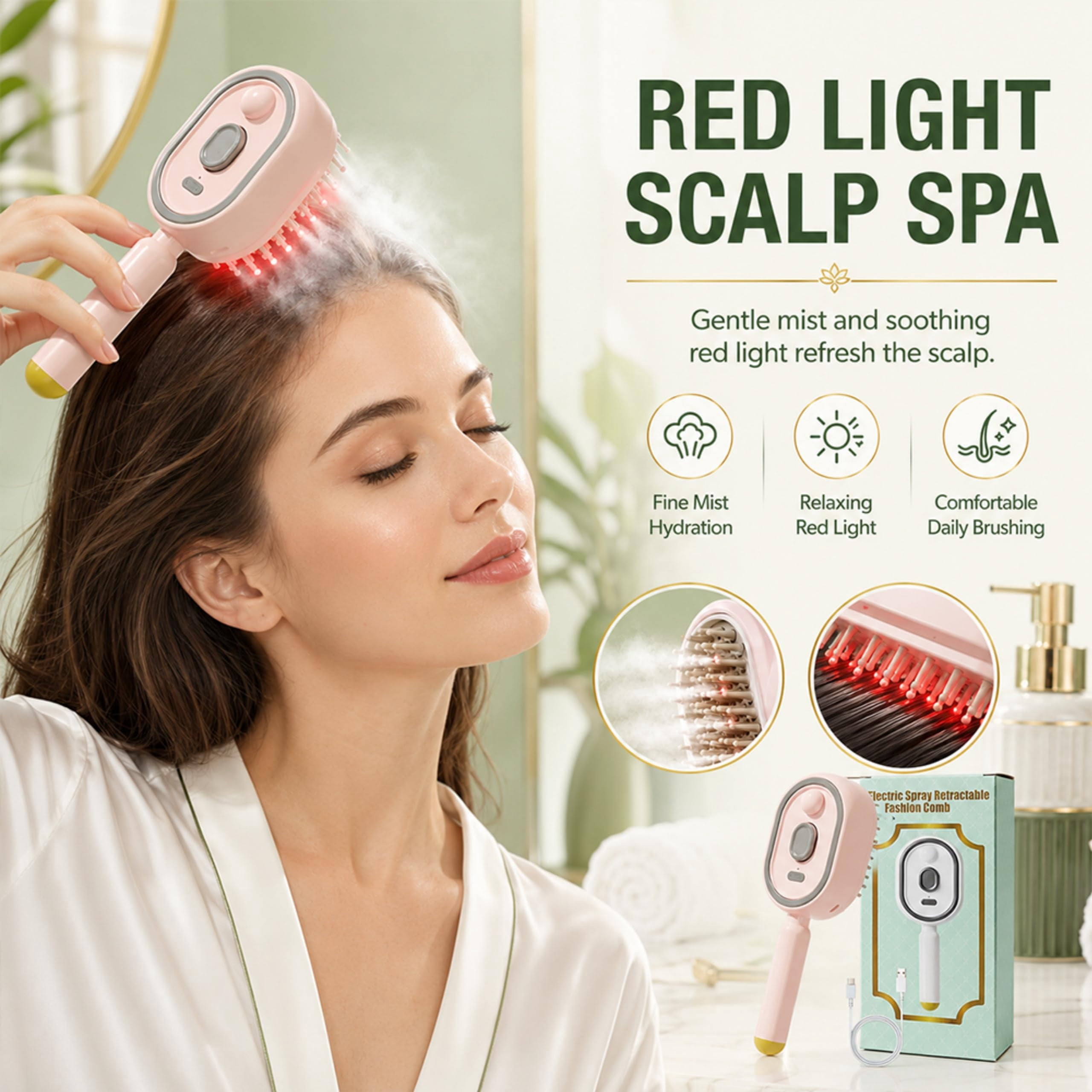 Electric Spray Air Cushion Massage Comb, 5 in 1 Electric Steam Brush for Hair with Retractable Cleaning Airbag, Detangling & Anti-Static, USB-C Rechargeable for Straight & Curly Women