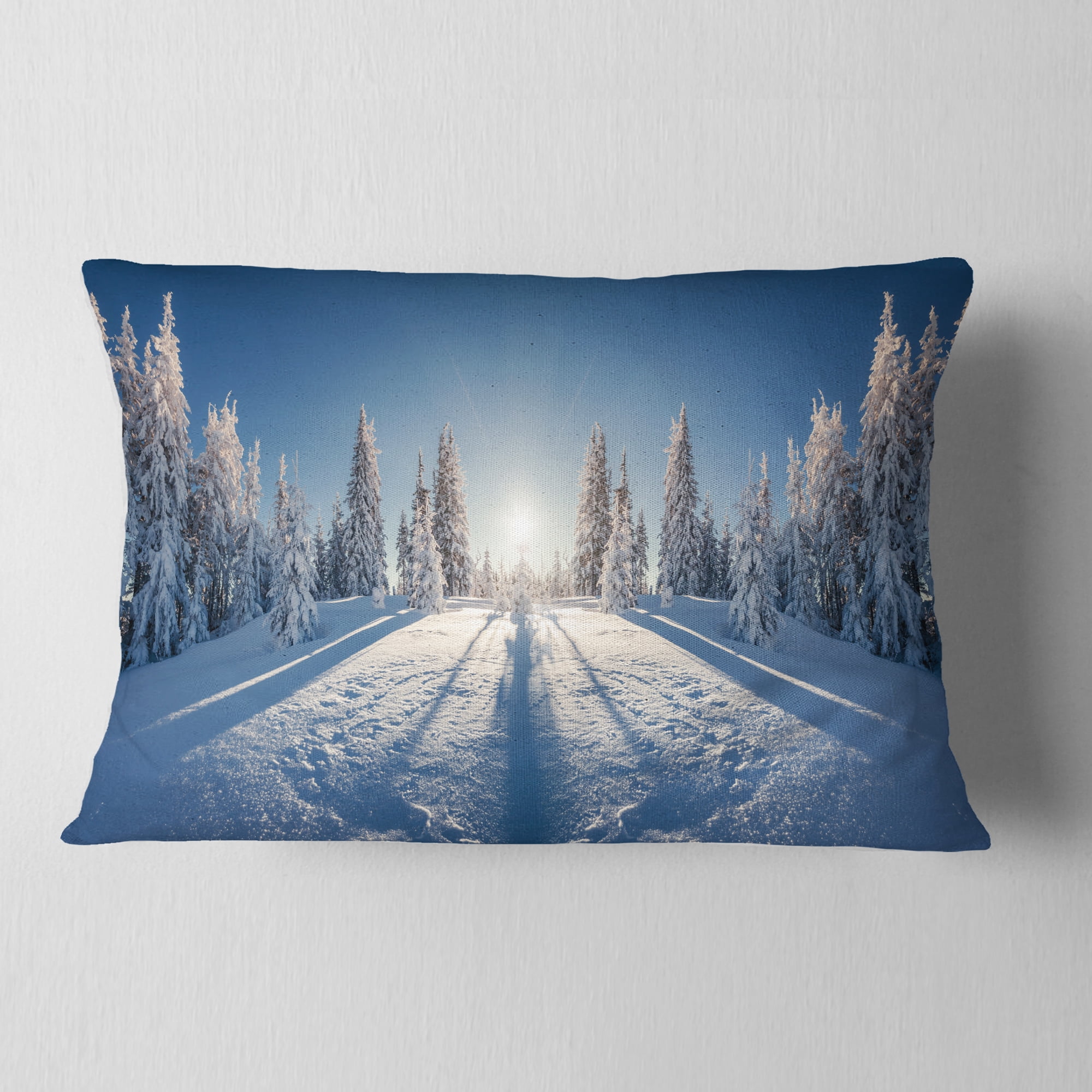Designart Majestic White Winter Landscape - Landscape Printed Throw Pillow - 12x20