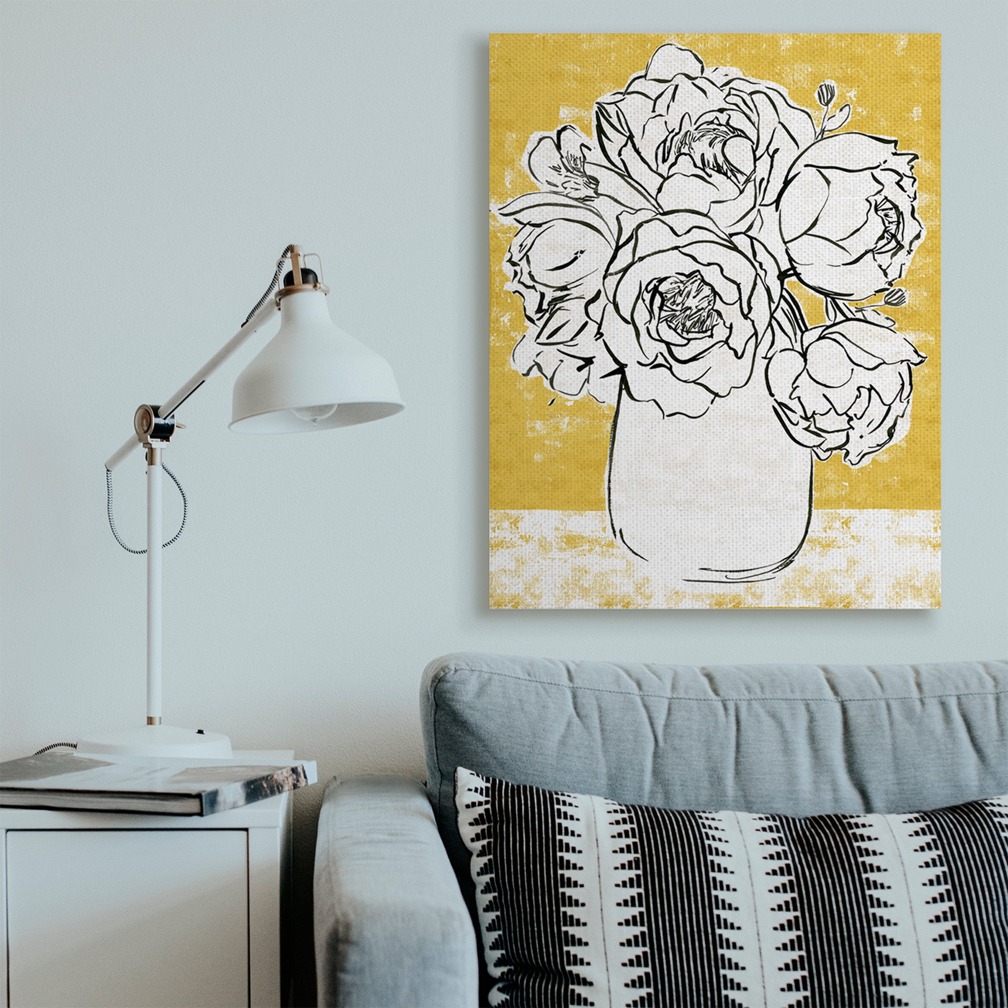 Stupell Industries Peony Sketch Bouquet Contrasted Distressed Yellow Canvas Wall Art, 36 x 48, Design by Annie Warren