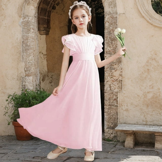 Girls Sleeveless Flower Girl Dress, Solid Color A-Line Ruffle Shoulder Dress for Junior Bridesmaid, First Communion and Birthday Party Occasions Pink 80