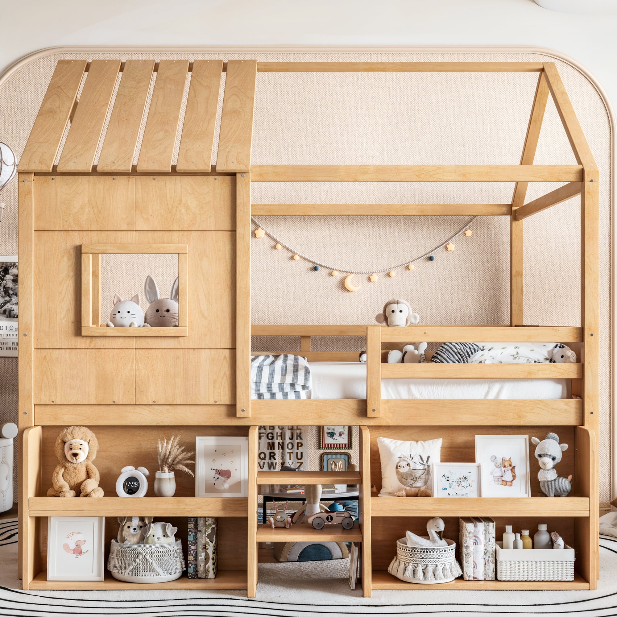 Leumius Full Size Loft Bed with Storage Shelves and Stairs, House Loft Bed with Playhouse Shape Roof and Window, Childlike and No Box Spring Needed Design, Natural