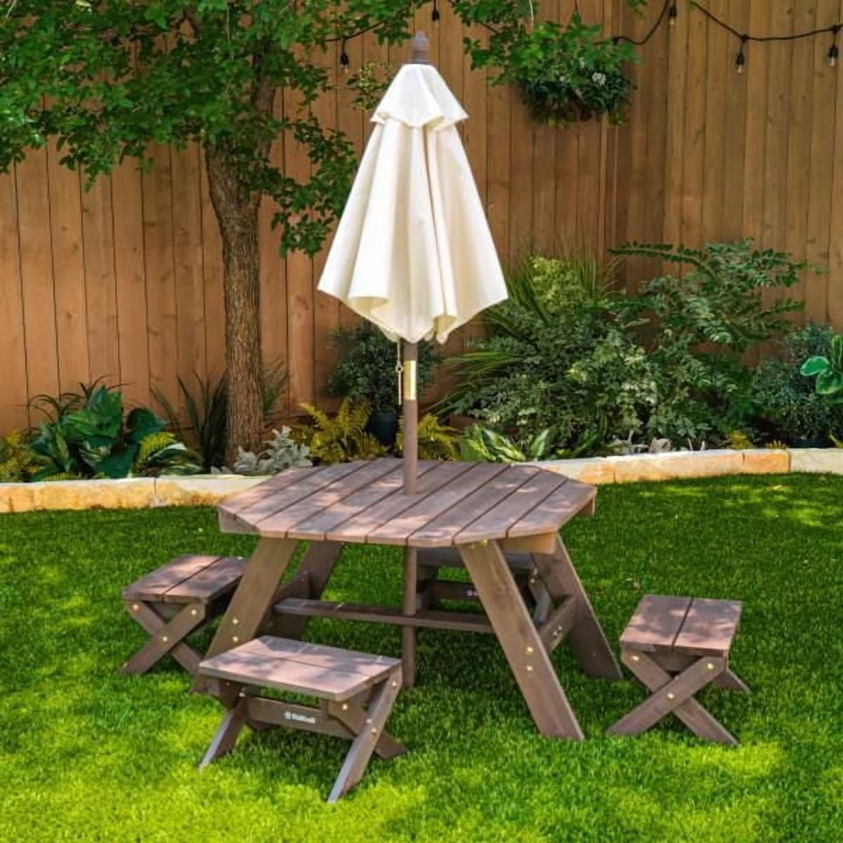 Ensemble de tabourets, parasol et table octogonale de bois - brun ours et beige