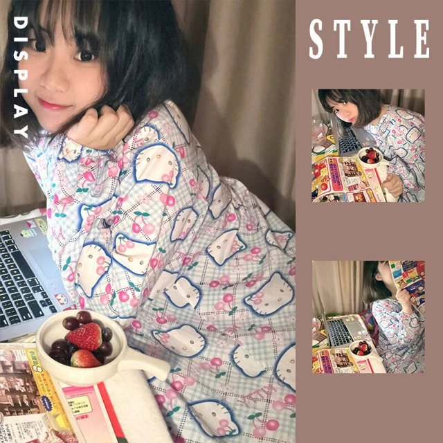 Pijamas Kawaii de Hello Kitty de Anime Sanrio Y2K, ropa de descanso de dopamina para chica dulce, traje de pantalones de manga larga con entramado de la serie Ins