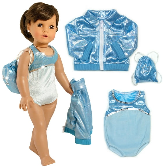 Sophia's 3 pcs Gymnastics Set with Leotard, Jacket, and Drawstring Bag for 18'' Dolls, Aqua