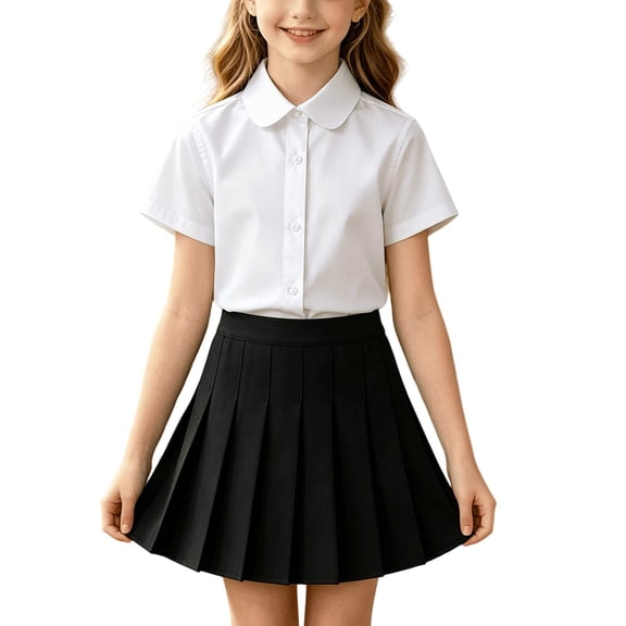 FRSASU Girl's 2 PC Dressy Outfit Button Down Cotton Short Sleeve Dress Shirt with Pleated Tennis Skirt Set Casual School Uniform Set White