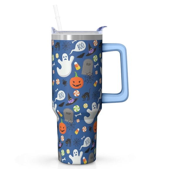 40oz Halloween Tumbler with Straw and Lid Skull Bat Travel Coffee Tumbler Cup with Handle for Halloween Gifts
