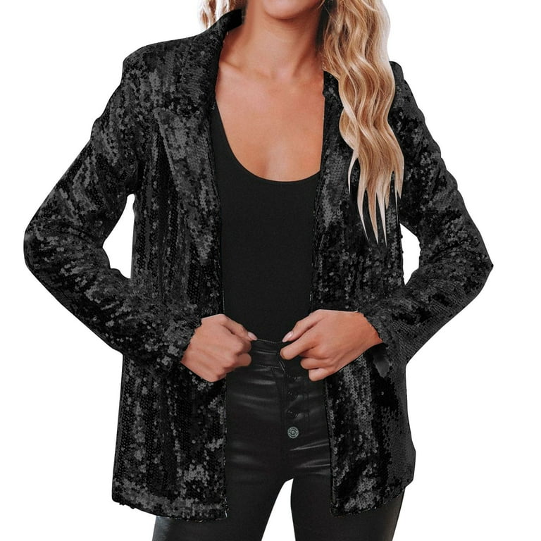 PMUYBHF Women Sequins Blazer Sequin Jacket Casual long Sleeve Glitter Party  Shiny Lapel Coat Rave Outerwear Casual Blazer for Women Light Weight long