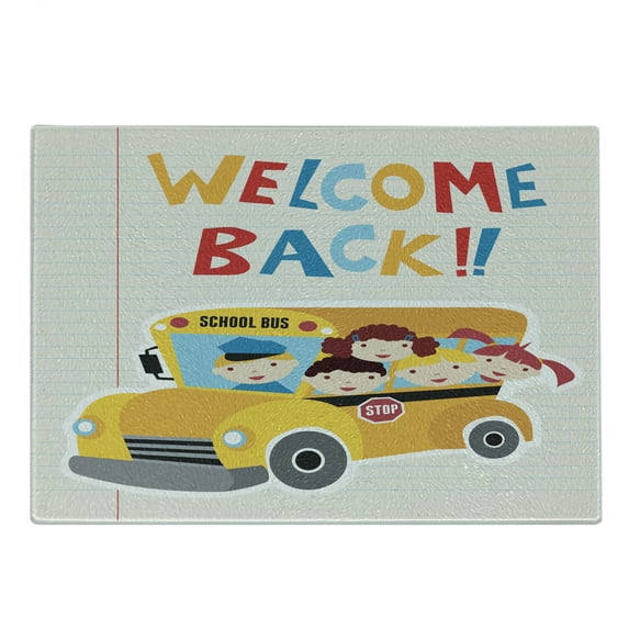 School Bus Cutting Board, Welcome Back Typography Children Looking out on Their Way to Learning Cartoon, Decorative Tempered Glass Cutting and Serving Board, in 3 Sizes, by Ambesonne