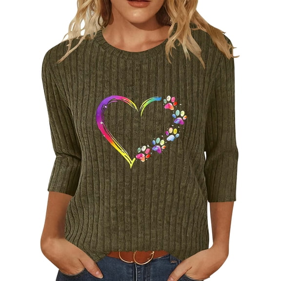 Enjoytime Fall Womens Tops Hearts Printing Crewneck 3/4 Sleeve Shirts Winter Business Casual Blouses 2025 Army Green M