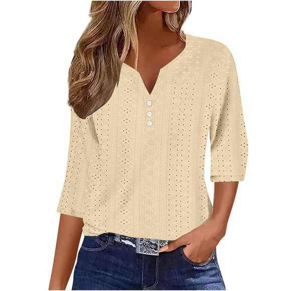 Summer Savings Clearance! RQYYD Summer Tops for Women 2025 Trendy 3/4 Sleeve v Neck Eyelet Shirts Dressy Casual Holiday Vacation Tunic Blouses