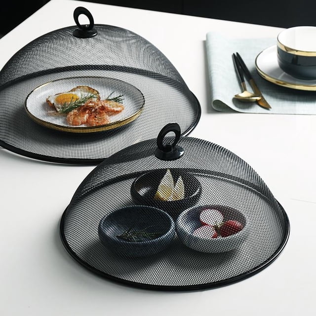 Conception de Maille Dense de Couverture Alimentaire 180 Degrés Rotatif Simple Écran Alimentaire en Fer avec Poignée pour la Maison Salle à Manger Noir Rond Moyen