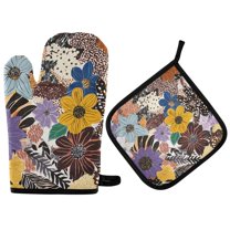 Yayeee Oven Mitts and Pot Holder Set of 4 Heat Resistant Kitchen Gloves Baking Hot Pad, Colorful Flowers