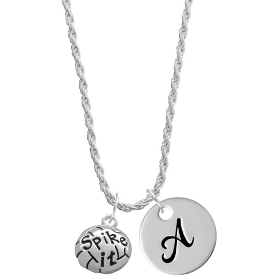 Delight Jewelry Silvertone Volleyball - ''Spike It'' Silvertone Script Initial Disc - A - Charm Necklace, 20" 3"