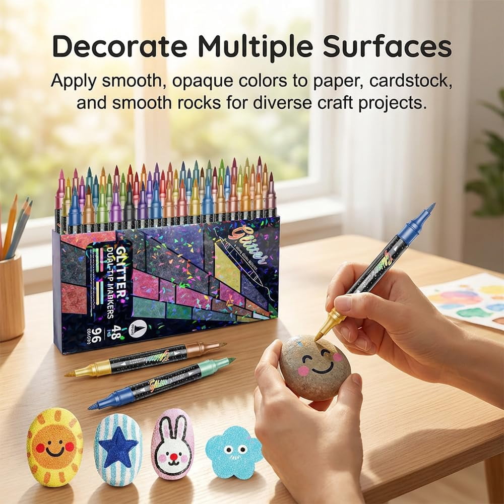 24/48/72/96 Colors Glitter Effect Brush Markers, 2026 New Glitter Dual Tip Markers, Professional Glitter Paint Pens Set for Adult Coloring Books, Journals, Card Making & DIY Crafts (24 Colors)