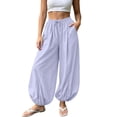 thumbnail image 2 of Bloomae Womens Wide Leg Barrel Pants Casual Drawstring Elastic High Waist Flowy Baggy Balloon Trousers Loose Comfy Ankle Cuffed Beach Vacation Lounge Pants with Pockets, 2 of 8