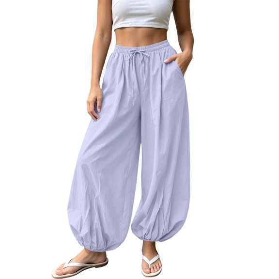 Qingpeng Womens Elastic High Waisted Wide Leg Barrel Pants Flowy Baggy Balloon Trousers Fall Harem Pants Vacation Outfits