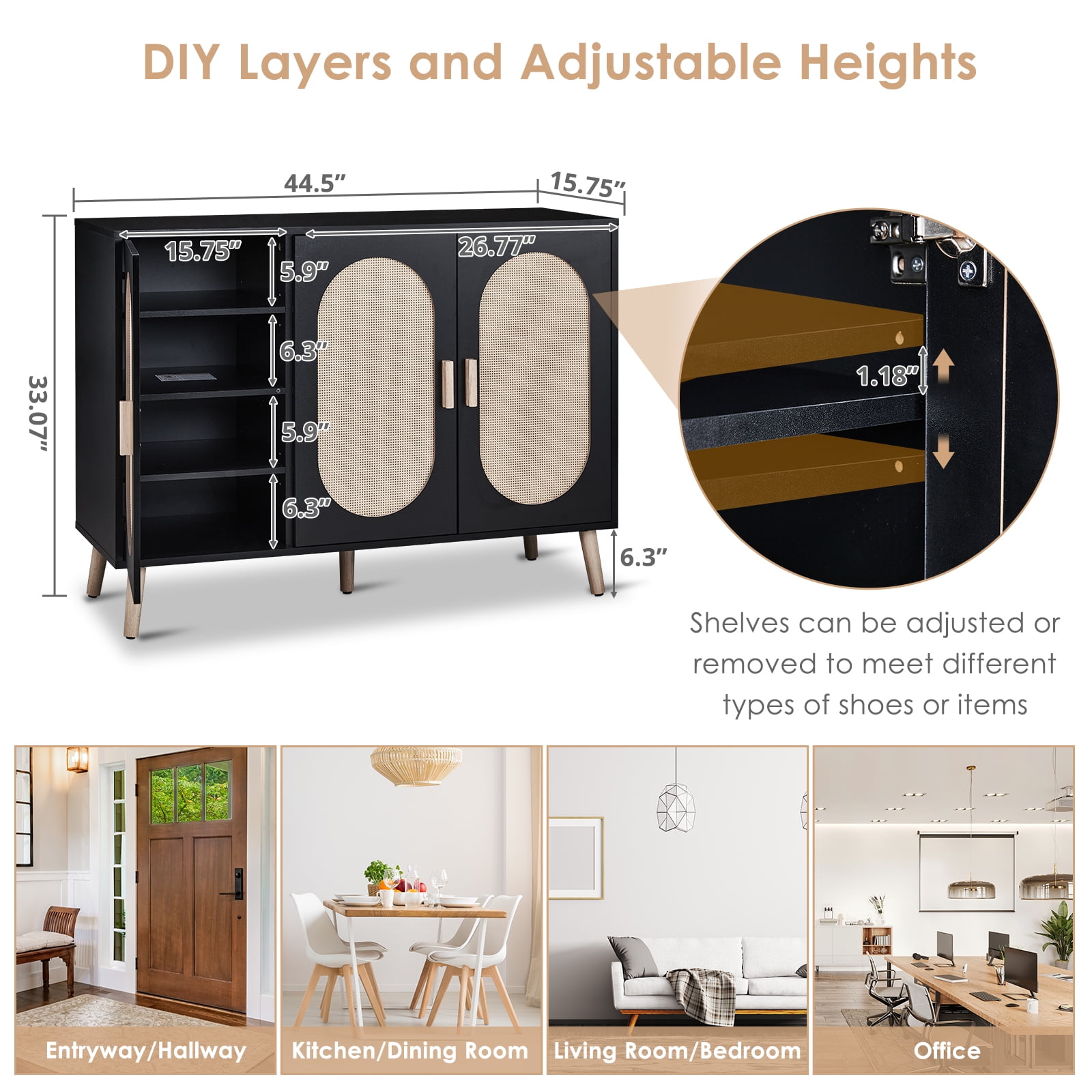3-Door Rattan Shoe Cabinet, Black Frame Golden High-Leg Entrance Storage Cabinet with Adjustable Partitions, Oval Rattan Surface, Ample Storage for Shoes, Keys & Letters, Home Decor for Entryway