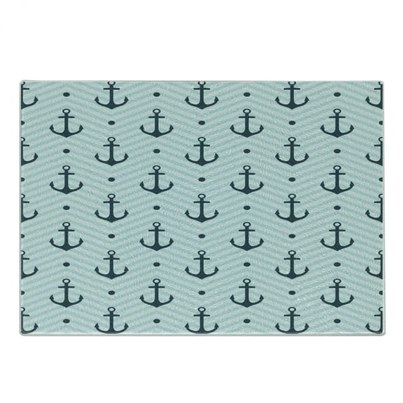 Anchor Cutting Board, Anchors Zigzag Chevron Background Abstract Waves Monochromic Work of Art, Decorative Tempered Glass Cutting and Serving Board, Small Size, Dark Green Turquoise, by Ambesonne